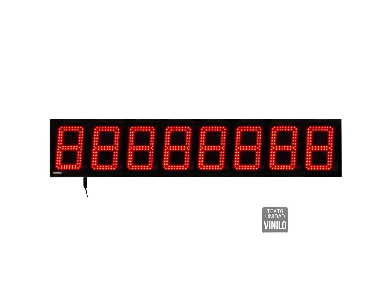 Visualizador Numerico 180mm, 8 digitos alto brillo, BCD-Contador-Tacometro-Cronómetro +2R, 24VDC, Texto Vinilo, IP65